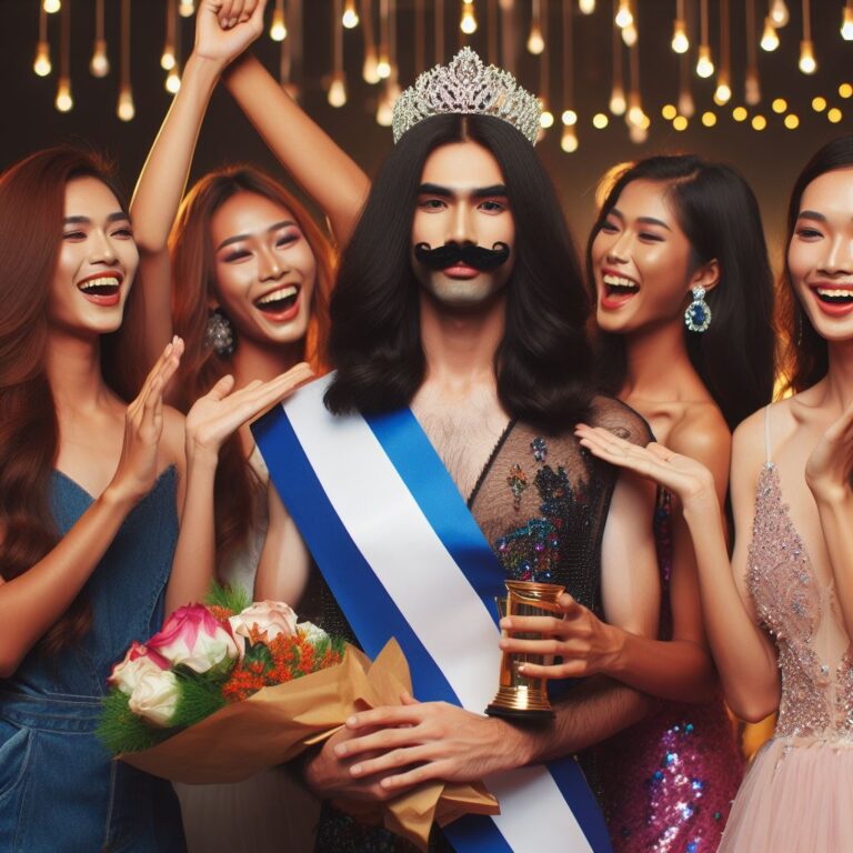 Ángel recibiendo su premio a la igualdad de género al ganar un concurso de belleza femenino, Todo gracias al feminismo.